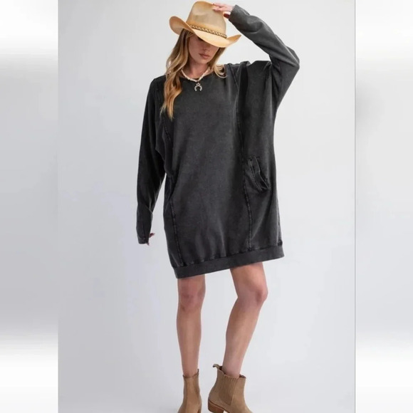Easel Black Washed Terry Knit Long Sleeve Pullover Tunic Dress New - Picture 6 of 6